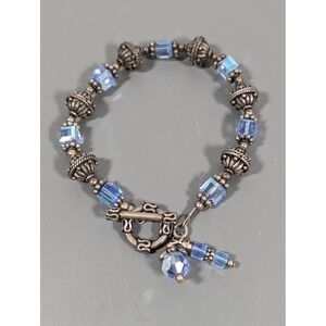 Artisan Blue Cube Glass Charm Bracelet Antiqued Silver Tone Boho 7.5"